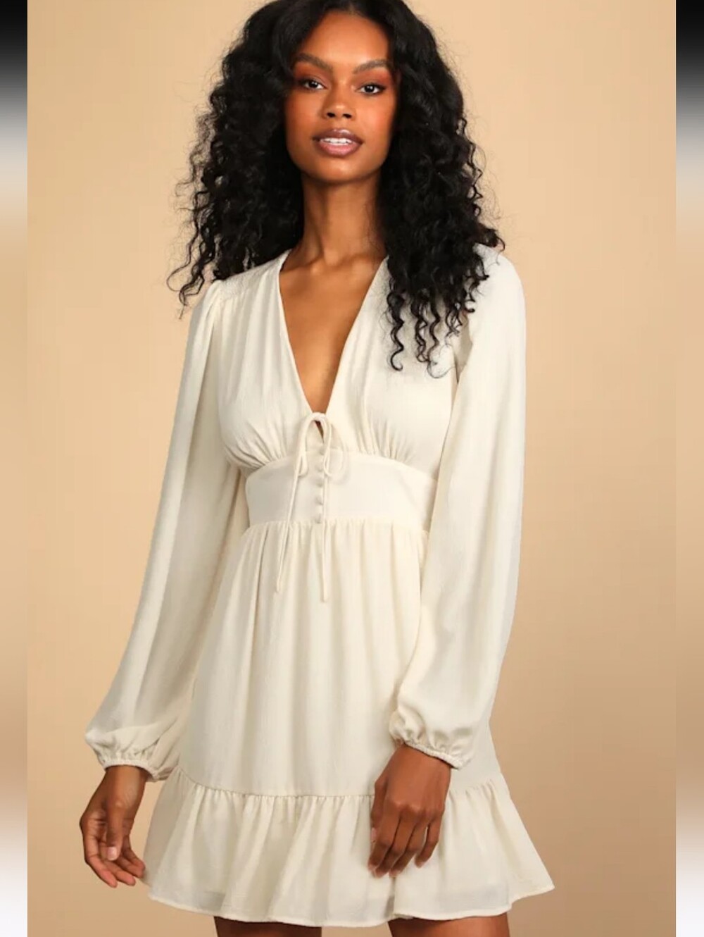 Lulus Absolutely Amazing Cream Long Sleeve Skater Mini Dress Size Large